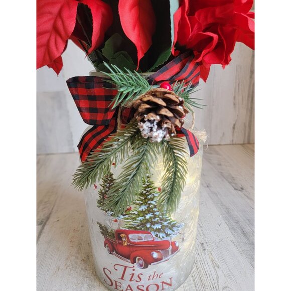 Faux flowers red white 'tis the season glass vase light up Xmas tabletop decor - Picture 5 of 13